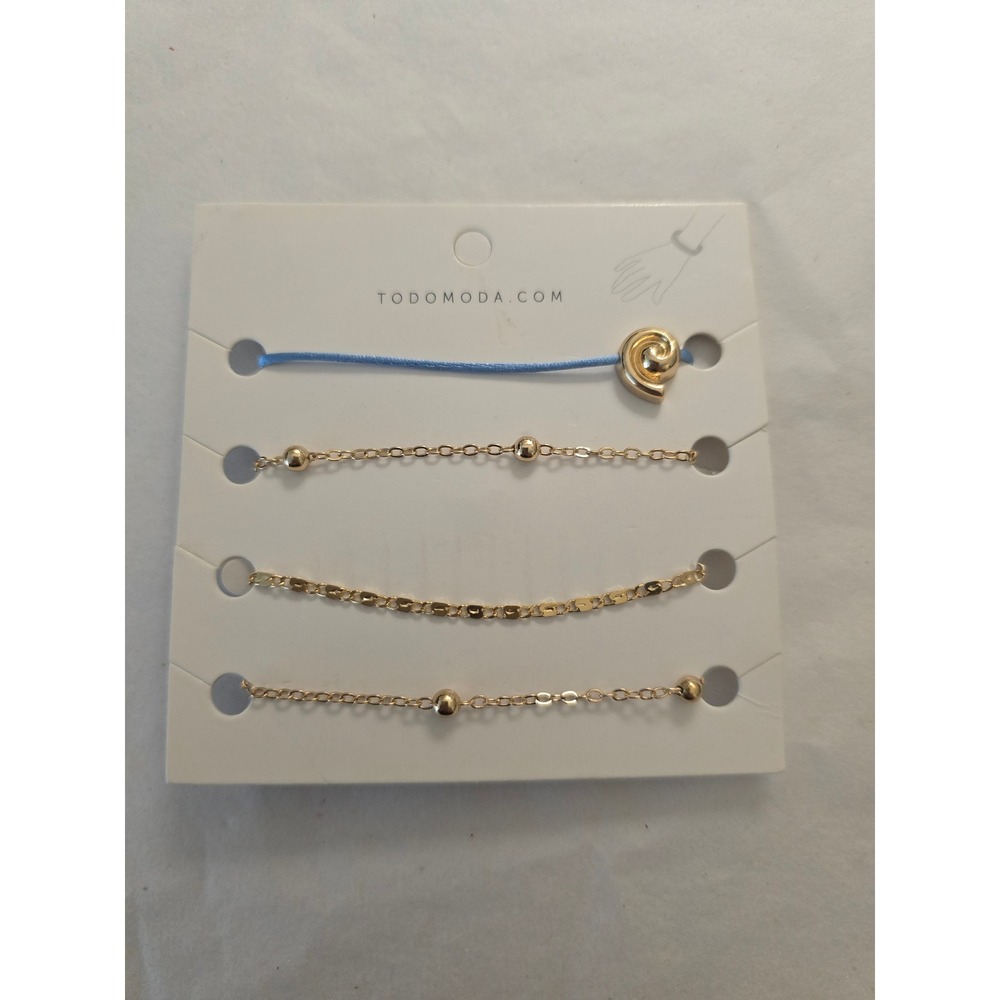 Todomoda Gold Tone Shell Charm Bracelet Set 4pc Blue Cord Beaded Chain NEW